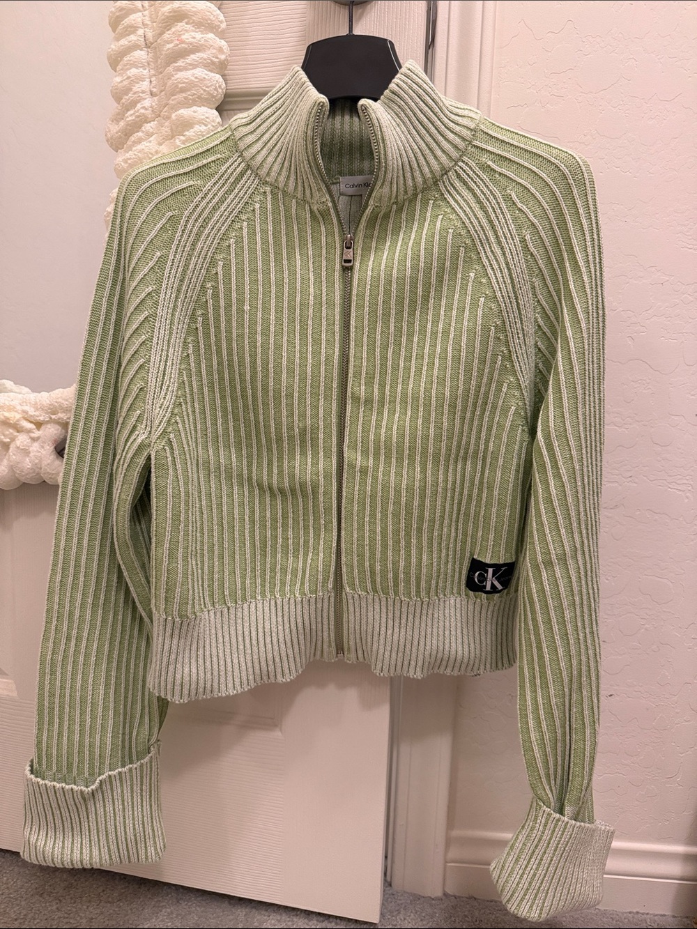 Calvin Klein Mint & Ivory Ribbed Zip-Up Bomber Jacket